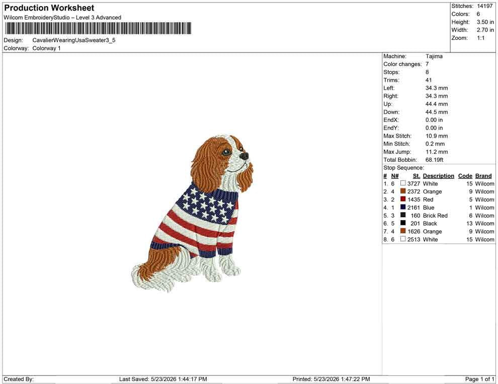 Patriotic Cavalier King Charles Spaniel Embroidery Designs: Sweater Dog Machine Embroidery File KCC Embroidery File (DST, PES+)