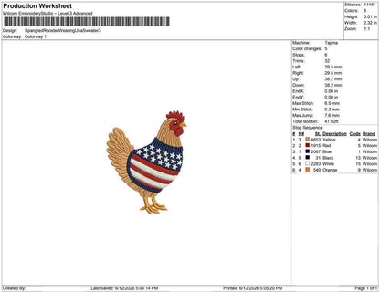 Patriotic Rooster Embroidery Designs: Sweater Chicken Machine Embroidery File 4th of July Farm Embroidery File (DST, PES, JEF+) Digital File