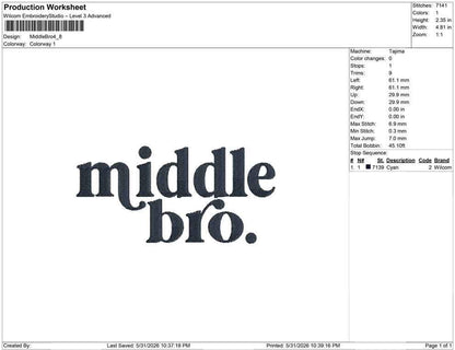 Middle Bro Embroidery Design: Sibling Announcement Machine Embroidery File Baby Boy Shirt Middle Brother Design (PES DST JEF and more)
