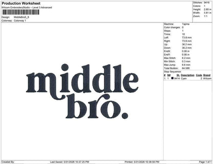 Middle Bro Embroidery Design: Sibling Announcement Machine Embroidery File Baby Boy Shirt Middle Brother Design (PES DST JEF and more)