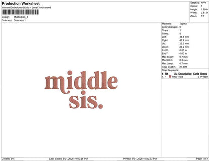 Middle Sister Embroidery Designs: Sibling Gift, Baby Announcement Family Machine Embroidery Files (Instant Digital Download) PES JEF DST+