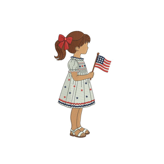 4th of July Machine Embroidery Designs: Girl With Flag Embroidery Design Patriotic Kid Embroidery File PES DST JEF+ (Digital Download)