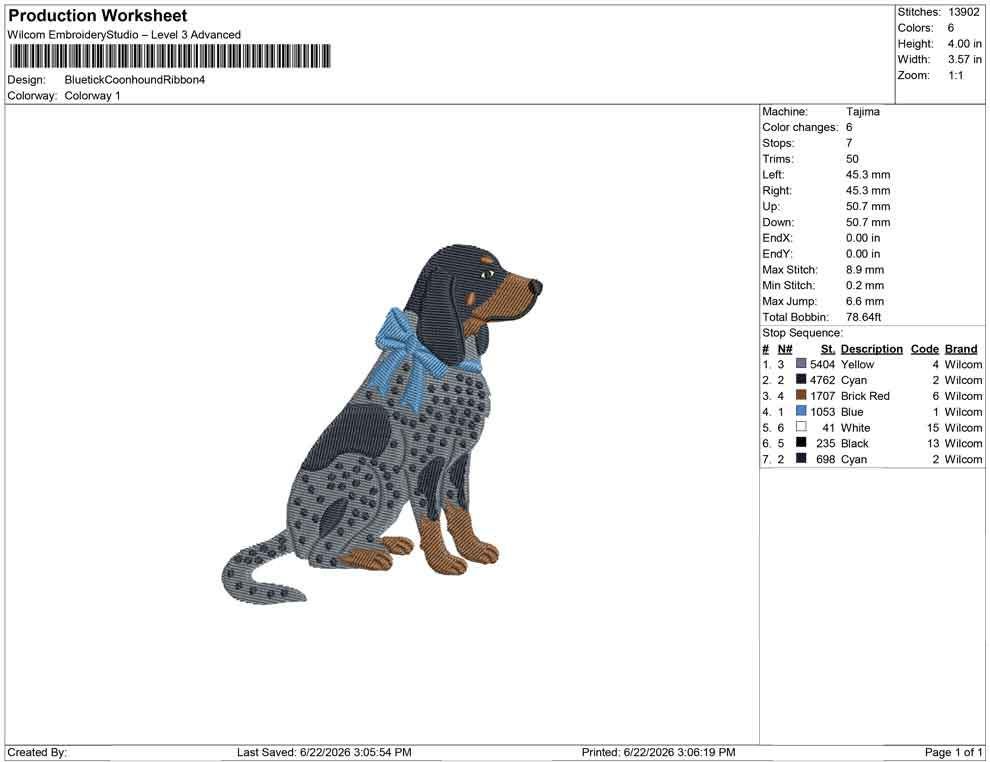 Bluetick Coonhound Embroidery Designs: Dog with Bow Machine Embroidery File Dog Embroidery File (DST, PES, JEF, More) Digital Download