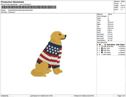 Patriotic Golden Retriever Embroidery Designs: Cowboy Dog Machine Embroidery File 4th of July Puppy Embroidery File (DST, PES, JEF+) Digital