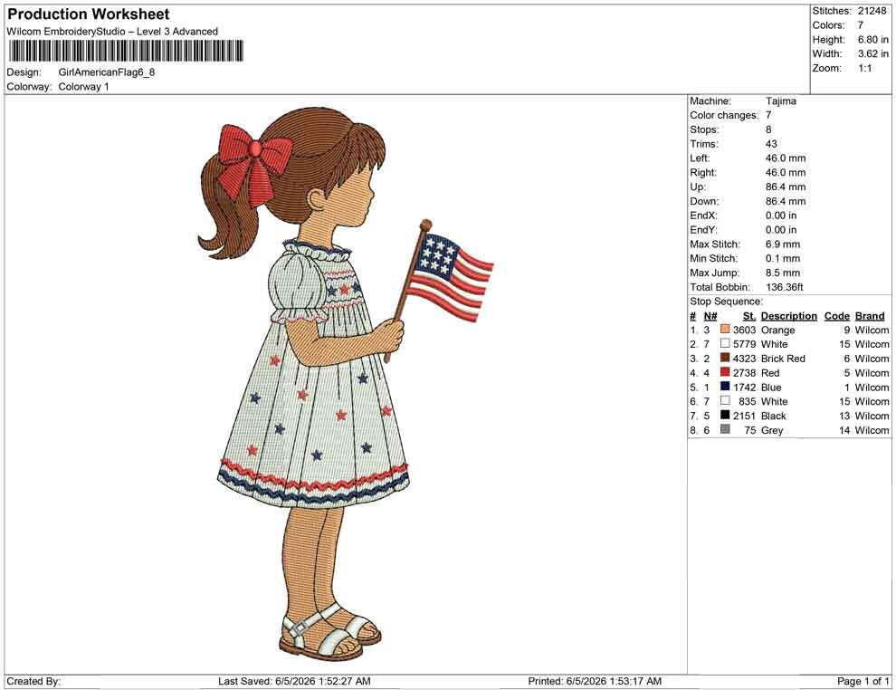 4th of July Machine Embroidery Designs: Girl With Flag Embroidery Design Patriotic Kid Embroidery File PES DST JEF+ (Digital Download)