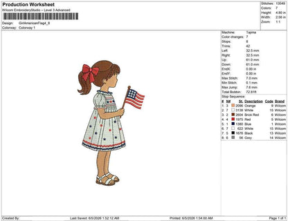 4th of July Machine Embroidery Designs: Girl With Flag Embroidery Design Patriotic Kid Embroidery File PES DST JEF+ (Digital Download)