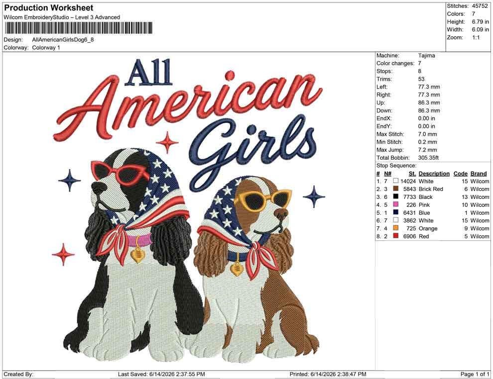 All American Dog Embroidery Designs: Girl Dogs Machine Embroidery File 4th of July Puppies Embroidery File (DST, PES, JEF+) Digital Download