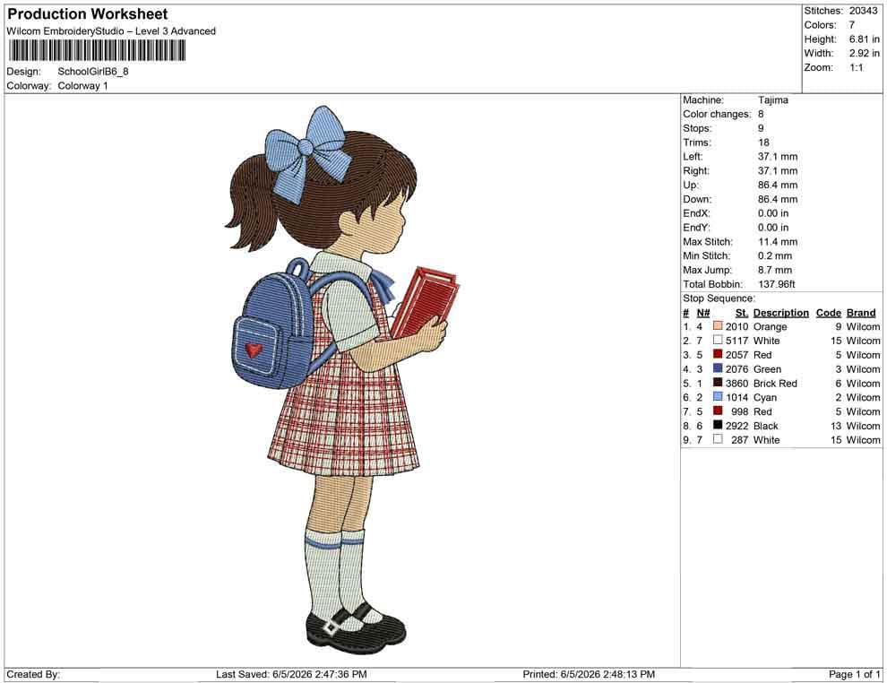 Schoolgirl Embroidery Designs: Girls Back to School Machine Embroidery File School Girl Embroidery Design (PES DST EXP+) Digital Download