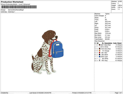 GSP Embroidery Designs: Back to School Machine Embroidery File German Shorthaired Pointer Embroidery Design (PES DST+) Digital Download
