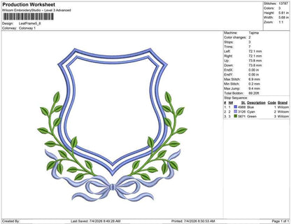 Bow with Leaf Frame Embroidery Designs: Elegant Crest Machine Embroidery File Baby Door Hanger Frame File (PES, DST, EXP +) Instant Download