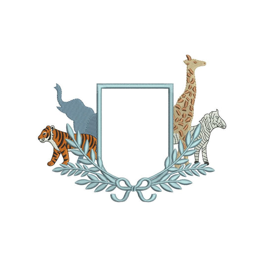 Safari Banner Frame Embroidery Designs: Animal Embroidery Crest Elephant, Tiger, Giraffe, and Zebra Baby Door Hanger Machine Embroidery File