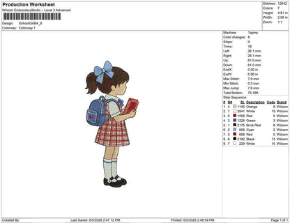 Schoolgirl Embroidery Designs: Girls Back to School Machine Embroidery File School Girl Embroidery Design (PES DST EXP+) Digital Download