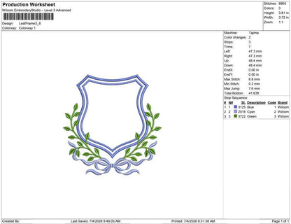 Bow with Leaf Frame Embroidery Designs: Elegant Crest Machine Embroidery File Baby Door Hanger Frame File (PES, DST, EXP +) Instant Download