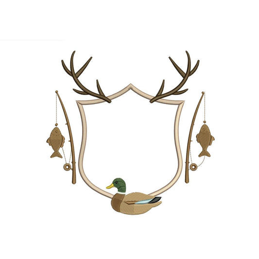 Hunting Fishing Crest Embroidery Design: Mallard Duck Machine Embroidery File Fishing Rod Crest Frame File (Digital Download)