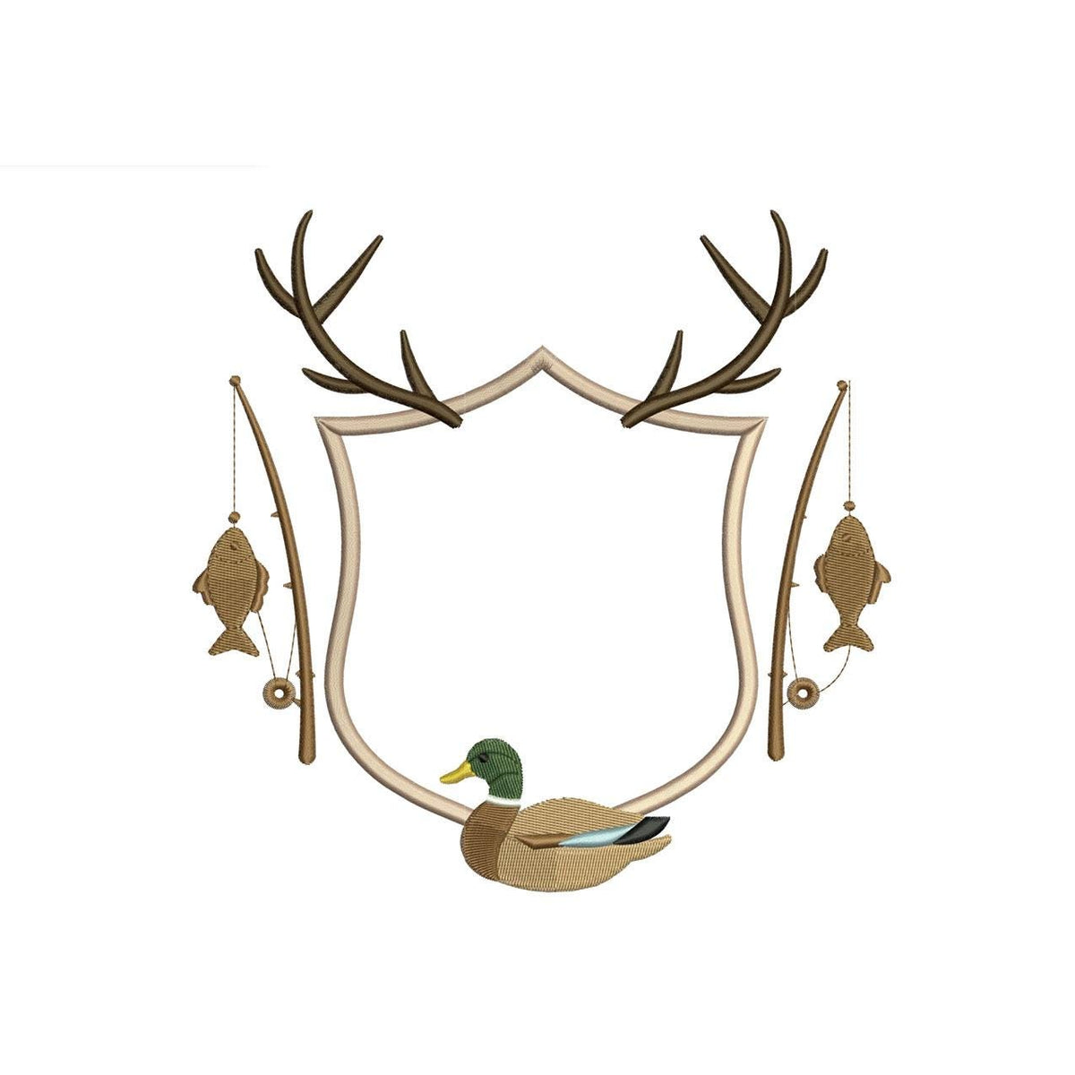 Hunting Fishing Crest Embroidery Design: Mallard Duck Machine Embroidery File Fishing Rod Crest Frame File (Digital Download)