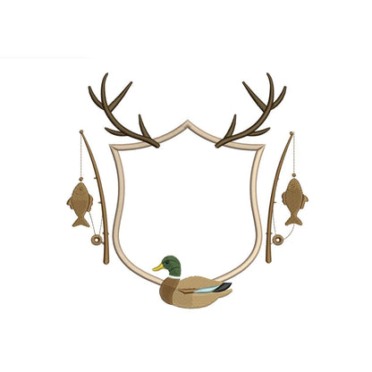 Hunting Fishing Crest Embroidery Design: Mallard Duck Machine Embroidery File Fishing Rod Crest Frame File (Digital Download)
