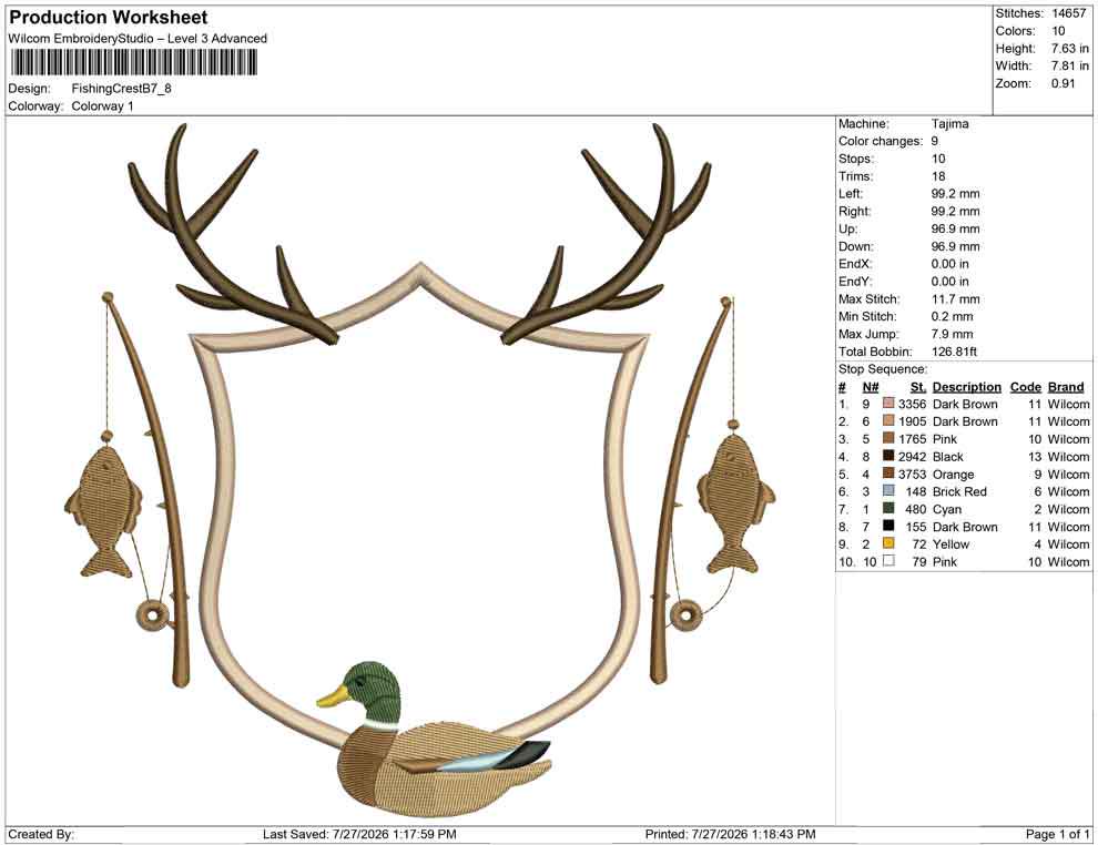 Hunting Fishing Crest Embroidery Design: Mallard Duck Machine Embroidery File Fishing Rod Crest Frame File (Digital Download)