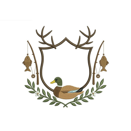 Hunting and Fishing Crest Embroidery Design: Mallard Duck Machine Embroidery File Crest Frame Embroidery File (Digital Download)