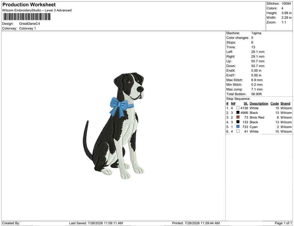 Great Dane Dog Embroidery Design: Dog with Bow Machine Embroidery File Dog Embroidery File (DST, PES, JEF) Digital Download