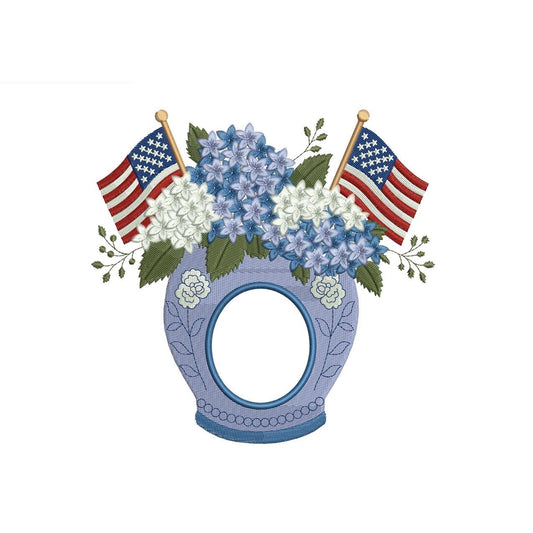 American Flag Floral Frame Embroidery Designs: Floral Frame Embroidery Design with Flags for Independence Day Frame or Patriotic Decor