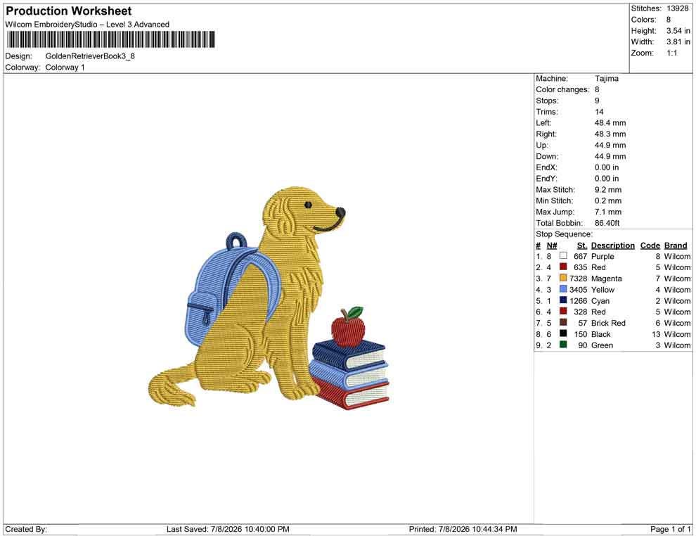 Golden Retriever Embroidery Designs: Dog with Backpack Machine Embroidery File Dog Embroidery File (DST, PES, JEF+) Digital Download