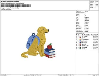 Golden Retriever Embroidery Designs: Dog with Backpack Machine Embroidery File Dog Embroidery File (DST, PES, JEF+) Digital Download