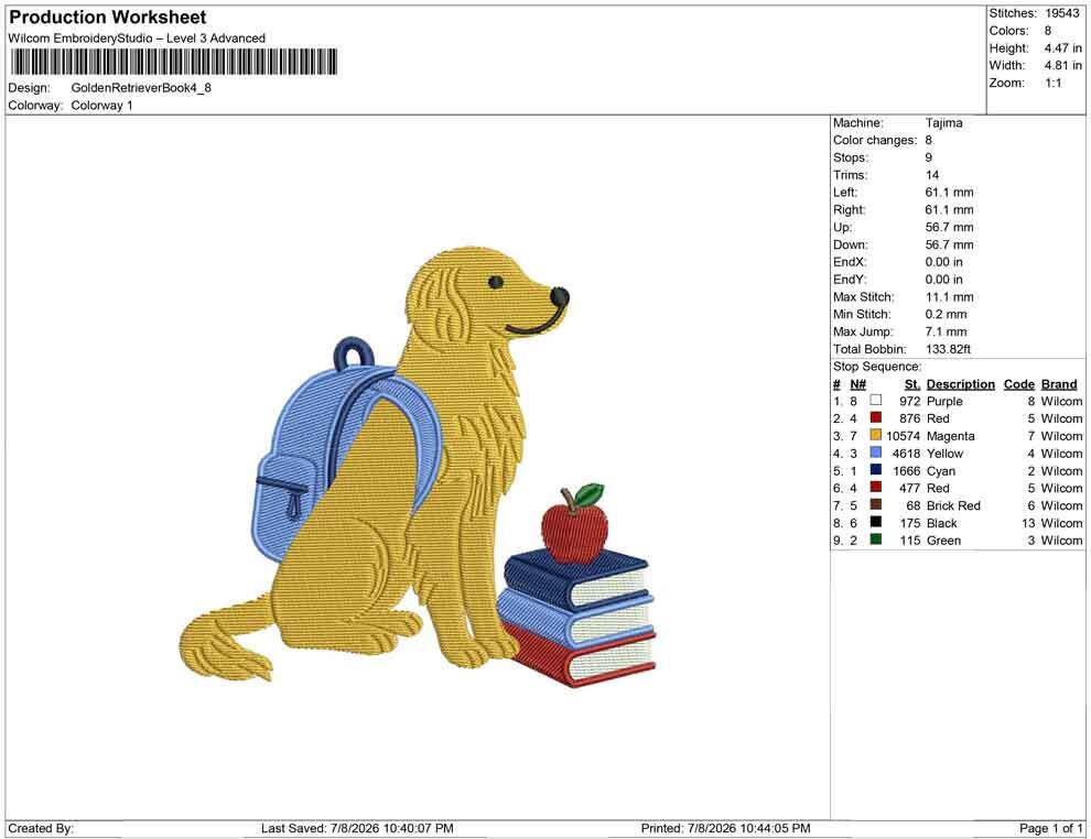 Golden Retriever Embroidery Designs: Dog with Backpack Machine Embroidery File Dog Embroidery File (DST, PES, JEF+) Digital Download