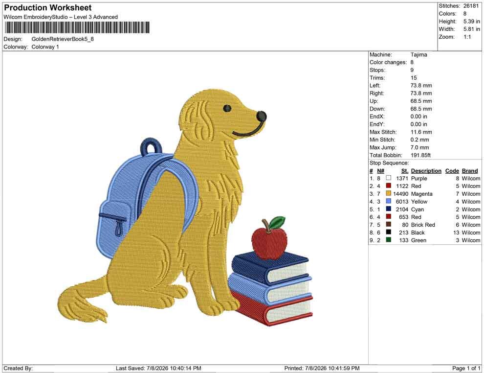 Golden Retriever Embroidery Designs: Dog with Backpack Machine Embroidery File Dog Embroidery File (DST, PES, JEF+) Digital Download
