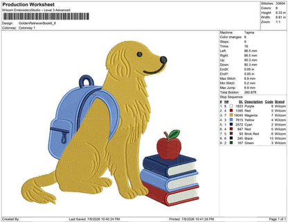 Golden Retriever Embroidery Designs: Dog with Backpack Machine Embroidery File Dog Embroidery File (DST, PES, JEF+) Digital Download