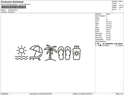 Beach Vacation Icon Set Embroidery Design: Summer Travel (Digital Download)