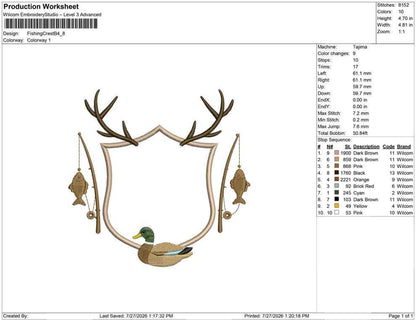Hunting Fishing Crest Embroidery Design: Mallard Duck Machine Embroidery File Fishing Rod Crest Frame File (Digital Download)