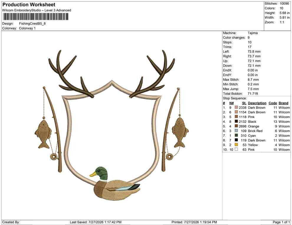 Hunting Fishing Crest Embroidery Design: Mallard Duck Machine Embroidery File Fishing Rod Crest Frame File (Digital Download)