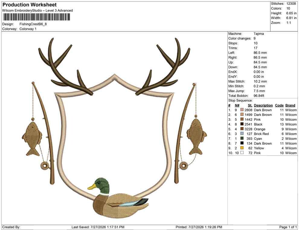 Hunting Fishing Crest Embroidery Design: Mallard Duck Machine Embroidery File Fishing Rod Crest Frame File (Digital Download)