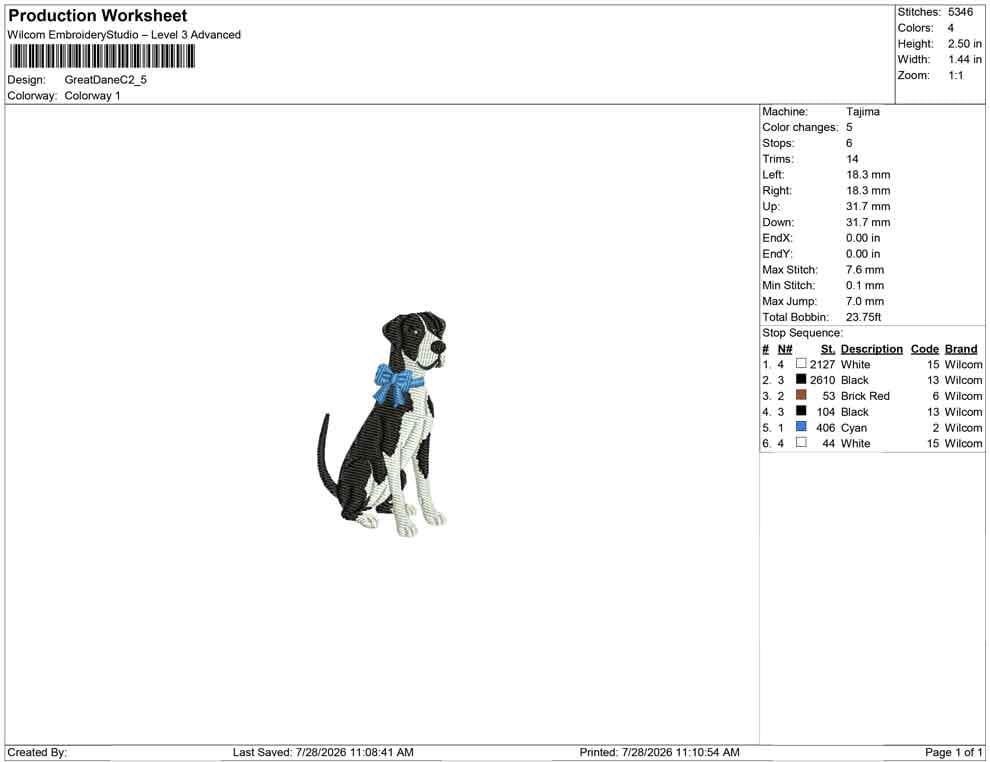 Great Dane Dog Embroidery Design: Dog with Bow Machine Embroidery File Dog Embroidery File (DST, PES, JEF) Digital Download