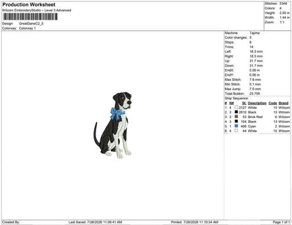 Great Dane Dog Embroidery Design: Dog with Bow Machine Embroidery File Dog Embroidery File (DST, PES, JEF) Digital Download