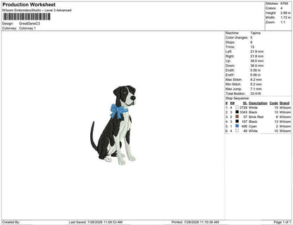 Great Dane Dog Embroidery Design: Dog with Bow Machine Embroidery File Dog Embroidery File (DST, PES, JEF) Digital Download