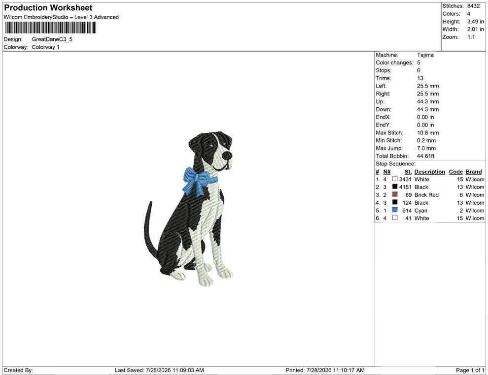Great Dane Dog Embroidery Design: Dog with Bow Machine Embroidery File Dog Embroidery File (DST, PES, JEF) Digital Download