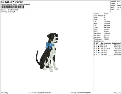 Great Dane Dog Embroidery Design: Dog with Bow Machine Embroidery File Dog Embroidery File (DST, PES, JEF) Digital Download