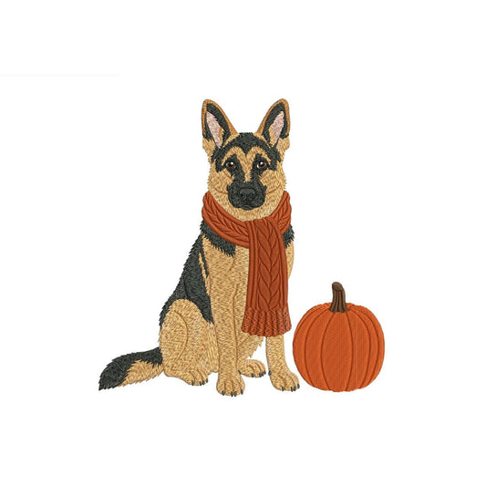 Halloween German Shepherd Dog Embroidery Design with Scarf and Pumpkin (Digital Download)