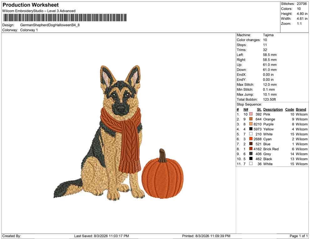 Halloween German Shepherd Dog Embroidery Design with Scarf and Pumpkin (Digital Download)