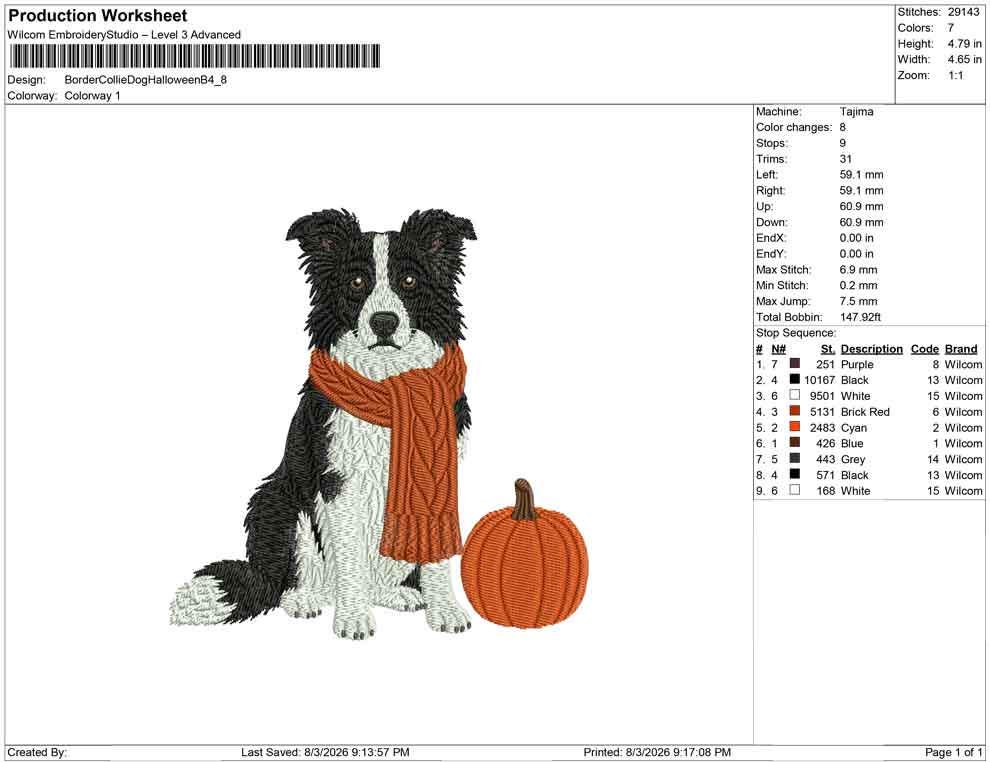 Border Collie Embroidery Designs: Dog with Pumpkin Machine Files (DST, PES, JEF+) Instant Digital Download Files