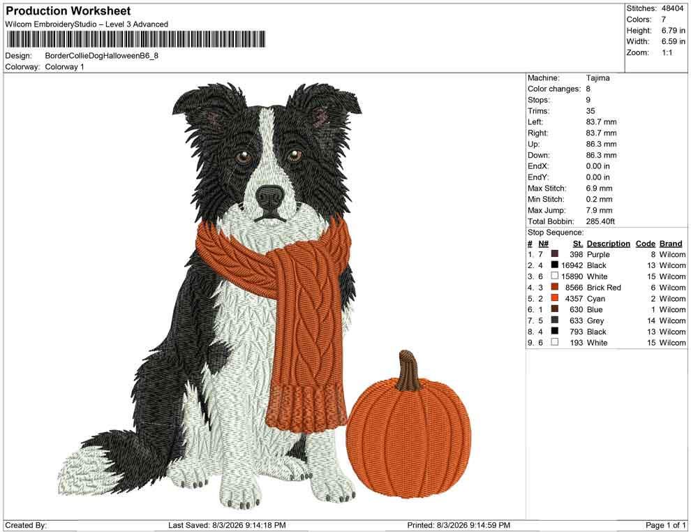 Border Collie Embroidery Designs: Dog with Pumpkin Machine Files (DST, PES, JEF+) Instant Digital Download Files