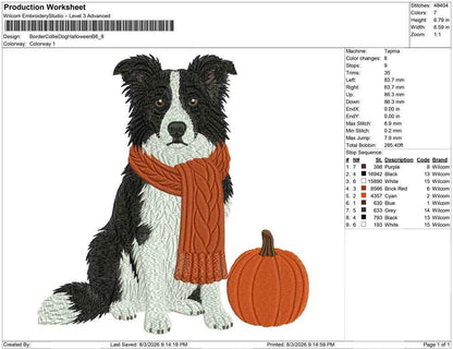 Border Collie Embroidery Designs: Dog with Pumpkin Machine Files (DST, PES, JEF+) Instant Digital Download Files
