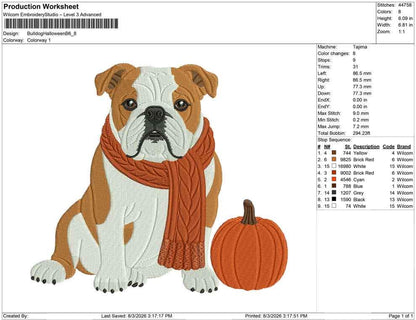 English Bulldog Embroidery Design: Fall Pumpkin Dog Machine Embroidery Files PES JEF DST+ (Digital Download)