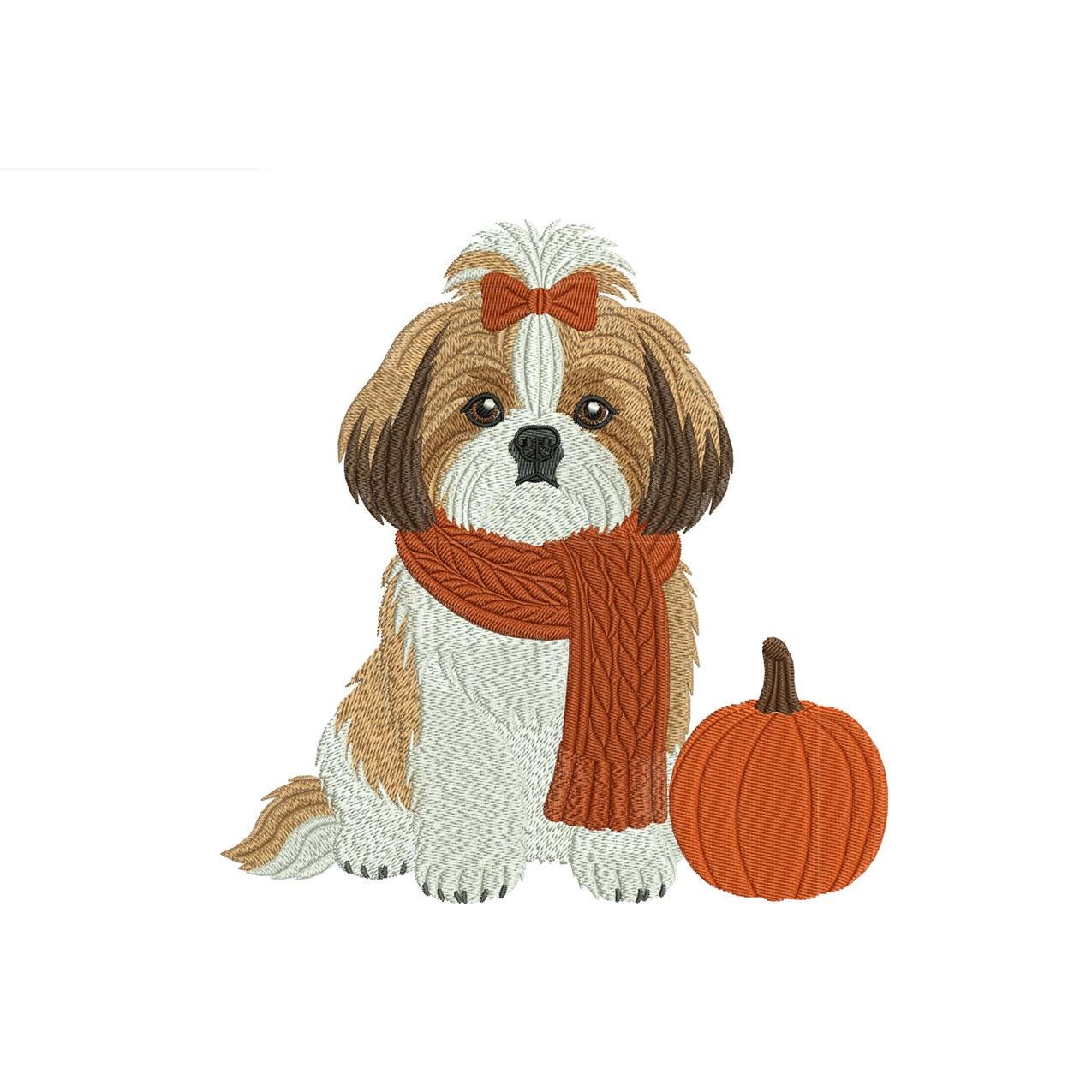 Shih Tzu Embroidery Designs: Fall Dog Embroidery File Cute Puppy with Scarf and Pumpkin Embroidery Files Shih Tzu (Instant Digital Download)