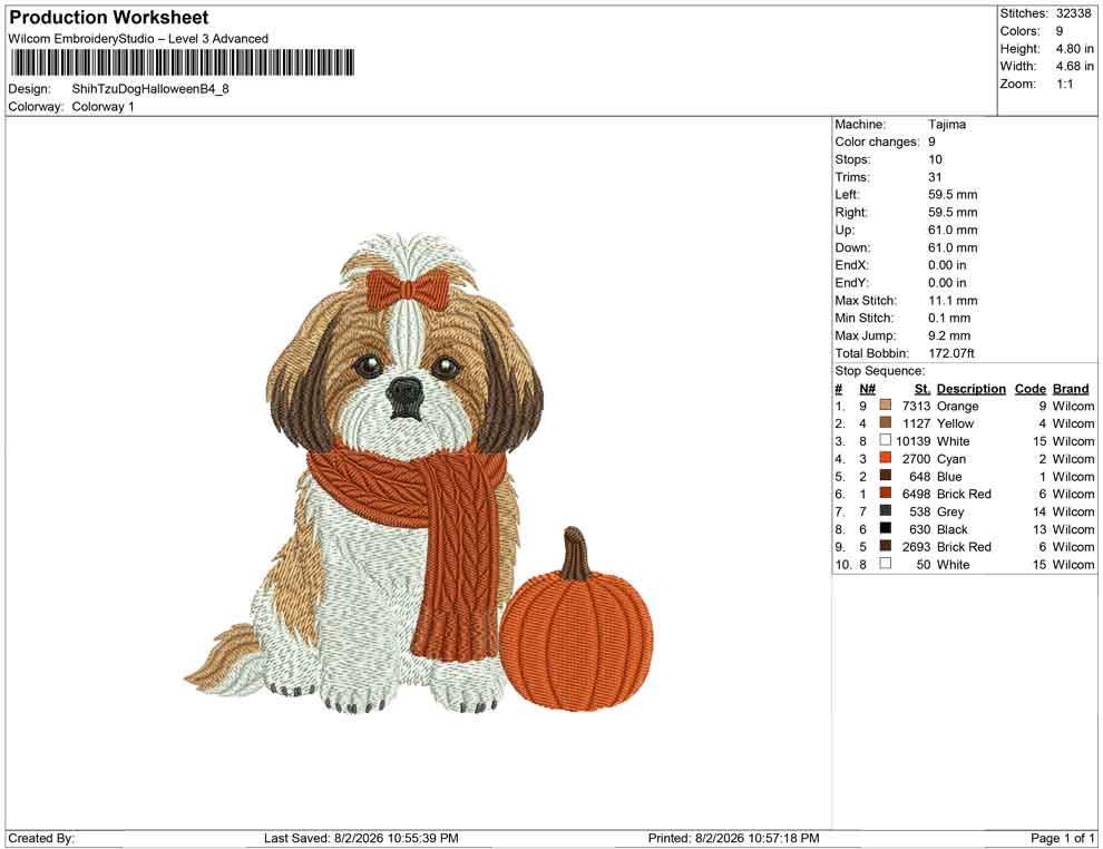Shih Tzu Embroidery Designs: Fall Dog Embroidery File Cute Puppy with Scarf and Pumpkin Embroidery Files Shih Tzu (Instant Digital Download)