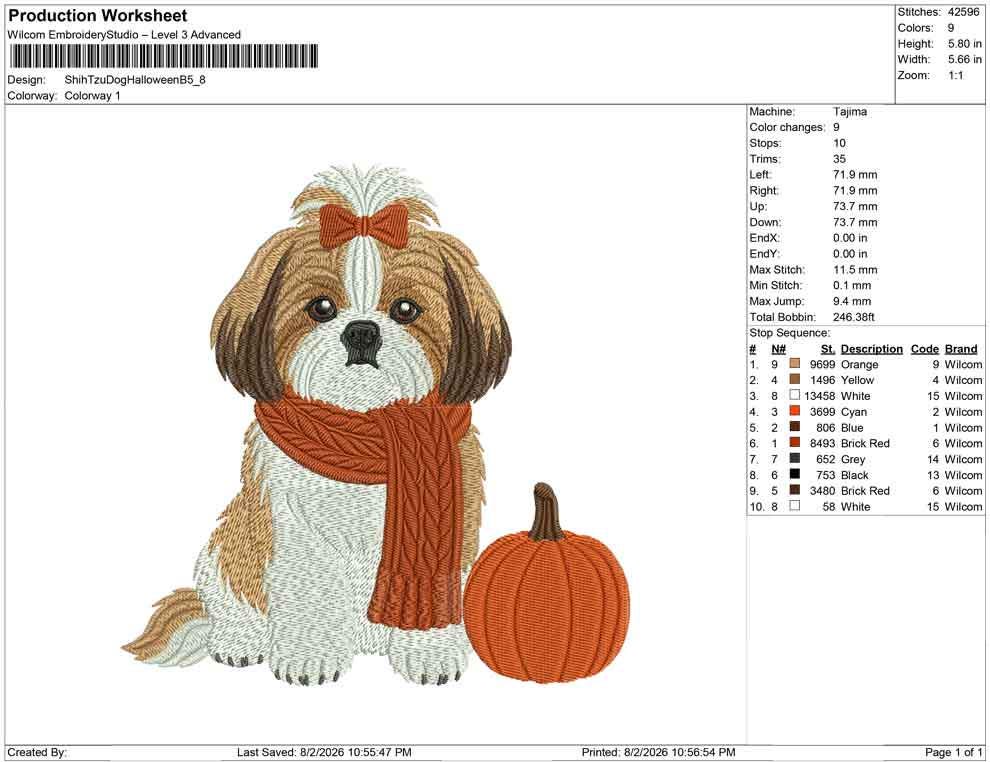 Shih Tzu Embroidery Designs: Fall Dog Embroidery File Cute Puppy with Scarf and Pumpkin Embroidery Files Shih Tzu (Instant Digital Download)