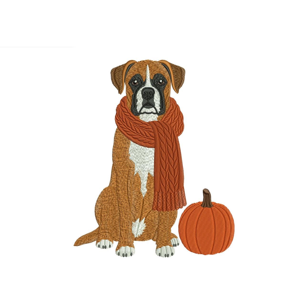Boxer Dog Embroidery Designs: Fall Puppy Machine Embroidery File Dog with Scarf Pumpkin Embroidery File (Instant Digital Download) PES DST+