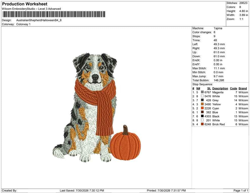 Australian Shepherd Embroidery Designs: Fall Dog Machine Embroidery Files Aussie Shepherd Scarf Pumpkin (Instant Digital Download) PES+