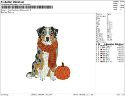 Australian Shepherd Embroidery Designs: Fall Dog Machine Embroidery Files Aussie Shepherd Scarf Pumpkin (Instant Digital Download) PES+